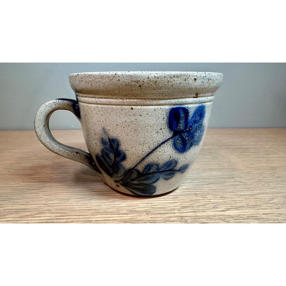 Handmade Studio Pottery Mug Stoneware Cobalt Blue Floral Soup Coffee Cup
